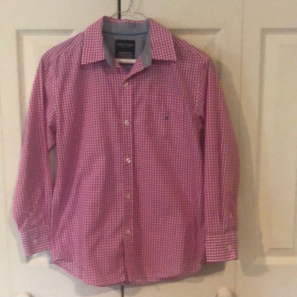 Nautical Boys Button down Coral Gingham  M(10/12)